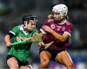 17 December 2023; Siobhán McGrath of Sarsfields in action against Jane Cass of Dicksboro during the AIB Camogie All-Ireland Senior Club Championship final match between Dicksboro of Kilkenny and Sarsfields of Galway at Croke Park in Dublin. Photo by Piaras Ó Mídheach/Sportsfile