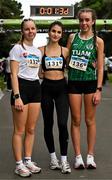 17 December 2023;  Girls under 18 5km top 3 finishers, Alessia Pop of Romania, centre, first, Petra Kusá of Slovakia, left, second, and Savanagh O'Callaghan of Tuam, Galway, right, third, during the National Race Walking Championships and World Athletics Race Walking Tour Bronze at Raheny Park in Dublin. Photo by Sam Barnes/Sportsfile