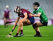 17 December 2023; Caoimhe Dowling of Dicksboro in action against Siobhán McGrath of Sarsfields during the AIB Camogie All-Ireland Senior Club Championship final match between Dicksboro of Kilkenny and Sarsfields of Galway at Croke Park in Dublin. Photo by Piaras Ó Mídheach/Sportsfile