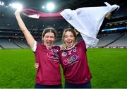 17 December 2023; Dicksboro players Rachel Dowling, left, and Tara McGrath celebrate after their side's victory in the AIB Camogie All-Ireland Senior Club Championship final match between Dicksboro of Kilkenny and Sarsfields of Galway at Croke Park in Dublin. Photo by Piaras Ó Mídheach/Sportsfile