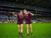 17 December 2023; Rachel Dowling, left, and Niamh Phelan of Dicksboro after their side's victory in the AIB Camogie All-Ireland Senior Club Championship final match between Dicksboro of Kilkenny and Sarsfields of Galway at Croke Park in Dublin. Photo by Stephen Marken/Sportsfile