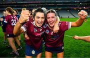 17 December 2023; Dicksboro players Ciara O’Shea, 8, and Jane Cass celebrate after their side's victory in the AIB Camogie All-Ireland Senior Club Championship final match between Dicksboro of Kilkenny and Sarsfields of Galway at Croke Park in Dublin. Photo by Piaras Ó Mídheach/Sportsfile