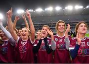17 December 2023; Dicksboro players, from left, Rose Kelly, Aisling Browne, Becky Peters, Caoimhe Carroll, Angela Carroll celebrate after their side's victory in the AIB Camogie All-Ireland Senior Club Championship final match between Dicksboro of Kilkenny and Sarsfields of Galway at Croke Park in Dublin. Photo by Piaras Ó Mídheach/Sportsfile