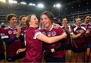 17 December 2023; Dicksboro players Tara McGrath, 18, and Aisling Browne celebrate after their side's victory in the AIB Camogie All-Ireland Senior Club Championship final match between Dicksboro of Kilkenny and Sarsfields of Galway at Croke Park in Dublin. Photo by Piaras Ó Mídheach/Sportsfile