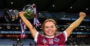 17 December 2023; Dicksboro captain Jenny Clifford celebrates with the Bill & Agnes Carroll Cup after her side's victory in the AIB Camogie All-Ireland Senior Club Championship final match between Dicksboro of Kilkenny and Sarsfields of Galway at Croke Park in Dublin. Photo by Piaras Ó Mídheach/Sportsfile