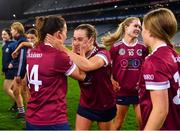 17 December 2023; Dicksboro players Ciara Phelan and Orla Hanrick, 14, celebrate after their side's victory in the AIB Camogie All-Ireland Senior Club Championship final match between Dicksboro of Kilkenny and Sarsfields of Galway at Croke Park in Dublin. Photo by Piaras Ó Mídheach/Sportsfile
