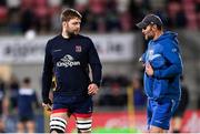 16 December 2023; Iain Henderson of Ulster and Ulster skills coach Craig Newby before the Investec Champions Cup Pool 2 Round 2 match between Ulster and Racing 92 at Kingspan Stadium in Belfast. Photo by Ramsey Cardy/Sportsfile