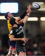 16 December 2023; Baptiste Chouzenoux of Racing 92 and Iain Henderson of Ulster compete for possession in the lineout during the Investec Champions Cup Pool 2 Round 2 match between Ulster and Racing 92 at Kingspan Stadium in Belfast. Photo by Ramsey Cardy/Sportsfile