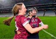17 December 2023; Dicksboro players Rose Kelly, right, and Aisling Browne celebrate after their side's victory in the AIB Camogie All-Ireland Senior Club Championship final match between Dicksboro of Kilkenny and Sarsfields of Galway at Croke Park in Dublin. Photo by Piaras Ó Mídheach/Sportsfile