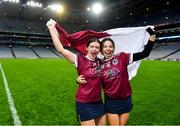17 December 2023; Dicksboro players Rachel Dowling, left, and Tara McGrath celebrate after their side's victory in the AIB Camogie All-Ireland Senior Club Championship final match between Dicksboro of Kilkenny and Sarsfields of Galway at Croke Park in Dublin. Photo by Piaras Ó Mídheach/Sportsfile