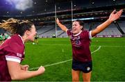 17 December 2023; Dicksboro players Jane Cass, right, and Orla Hanrick celebrate after their side's victory in the AIB Camogie All-Ireland Senior Club Championship final match between Dicksboro of Kilkenny and Sarsfields of Galway at Croke Park in Dublin. Photo by Piaras Ó Mídheach/Sportsfile