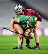 17 December 2023; Sarah Spellman of Sarsfields in action against Asha McHardy of Dicksboro during the AIB Camogie All-Ireland Senior Club Championship final match between Dicksboro of Kilkenny and Sarsfields of Galway at Croke Park in Dublin. Photo by Piaras Ó Mídheach/Sportsfile