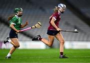 17 December 2023; Asha McHardy of Dicksboro in action against Tara Kenny of Sarsfields during the AIB Camogie All-Ireland Senior Club Championship final match between Dicksboro of Kilkenny and Sarsfields of Galway at Croke Park in Dublin. Photo by Piaras Ó Mídheach/Sportsfile