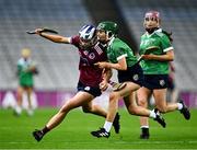 17 December 2023; Asha McHardy of Dicksboro in action against Tara Kenny of Sarsfields during the AIB Camogie All-Ireland Senior Club Championship final match between Dicksboro of Kilkenny and Sarsfields of Galway at Croke Park in Dublin. Photo by Piaras Ó Mídheach/Sportsfile