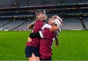 17 December 2023; Dicksboro players Rose Kelly, left, and Tara McGrath celebrate after their side's victory in the AIB Camogie All-Ireland Senior Club Championship final match between Dicksboro of Kilkenny and Sarsfields of Galway at Croke Park in Dublin. Photo by Piaras Ó Mídheach/Sportsfile