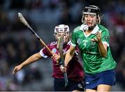 17 December 2023; Kate Gallagher of Sarsfields in action against Jenny Clifford of Dicksboro during the AIB Camogie All-Ireland Senior Club Championship final match between Dicksboro of Kilkenny and Sarsfields of Galway at Croke Park in Dublin. Photo by Piaras Ó Mídheach/Sportsfile
