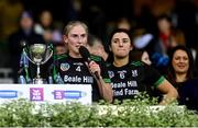 17 December 2023; Michelle Costello of Clanmaurice makes a speech after her side's victory in the AIB Camogie All-Ireland Intermediate Club Championship final match between Clanmaurice of Kerry and Na Fianna of Meath at Croke Park in Dublin. Photo by Piaras Ó Mídheach/Sportsfile
