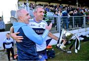 22 October 2023; Johnny Doyle of Allenwood celebrates with club-mate Morgan O'Callaghan after the Kildare County Intermediate Club Football Championship final between Castledermot and Allenwood at Netwatch Cullen Park in Carlow. Photo by Piaras Ó Mídheach/Sportsfile