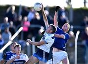 22 October 2023; Johnny Doyle of Allenwood in action against David Keating of Castledermot during the Kildare County Intermediate Club Football Championship final between Castledermot and Allenwood at Netwatch Cullen Park in Carlow. Photo by Piaras Ó Mídheach/Sportsfile