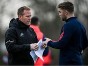 20 December 2023; Attack coach Mike Prendergast with Jack Crowley during a Munster rugby squad training session at the University of Limerick in Limerick. Photo by David Fitzgerald/Sportsfile