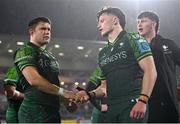 22 December 2023; Dave Heffernan, left, and Cian Prendergast of Connacht after their side's defeat in United Rugby Championship match between Ulster and Connacht at Kingspan Stadium in Belfast. Photo by Ramsey Cardy/Sportsfile