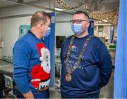 25 December 2023; Councillor Daithí de Róiste, the 355th Lord Mayor of Dublin, with Dublin manager Dessie Farrell during the All-Ireland Senior Football Championship winners visit to Children's Health Ireland at Temple Street in Dublin. Photo by Ray McManus/Sportsfile