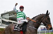 26 December 2023; Jockey Jack Kennedy celebrates on Found A Fifty after winning the Racing Post Novice Steeplechase on day one of the Leopardstown Christmas Festival at Leopardstown Racecourse in Dublin. Photo by David Fitzgerald/Sportsfile
