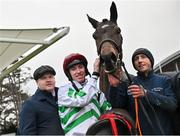 26 December 2023; Jockey Jack Kennedy with trainer Gordon Elliott and Found A Fifty after winning the Racing Post Novice Steeplechase on day one of the Leopardstown Christmas Festival at Leopardstown Racecourse in Dublin. Photo by David Fitzgerald/Sportsfile