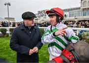 26 December 2023; Jockey Jack Kennedy with the trainer Gordon Elliott after winning the Racing Post Novice Steeplechase on Found A Fifty on day one of the Leopardstown Christmas Festival at Leopardstown Racecourse in Dublin. Photo by David Fitzgerald/Sportsfile