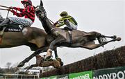 26 December 2023; Path D'oroux, with Keith Donoghue up, falls as The Folkes Tiara, with Rachael Blackmore up, left, make their way to winning the New Smart View By Racing Post Handicap Steeplechase on day one of the Leopardstown Christmas Festival at Leopardstown Racecourse in Dublin. Photo by David Fitzgerald/Sportsfile