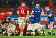 26 December 2023; Scott Penny, right, and Jack Conan of Leinster celebrate a penalty turnover during the United Rugby Championship match between Munster and Leinster at Thomond Park in Limerick. Photo by Brendan Moran/Sportsfile