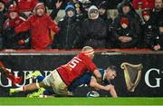 26 December 2023; Luke McGrath of Leinster is forced into a knock-on after being tackled by Simon Zebo of Munster during the United Rugby Championship match between Munster and Leinster at Thomond Park in Limerick. Photo by Brendan Moran/Sportsfile