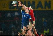 26 December 2023; Max Deegan of Leinster wins possession in a lineout ahead of Tom Ahern of Munster during the United Rugby Championship match between Munster and Leinster at Thomond Park in Limerick. Photo by Seb Daly/Sportsfile