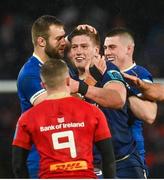 26 December 2023; Joe McCarthy of Leinster, centre, is congratulated by team-mate Jason Jenkins after winning his side a penalty during the United Rugby Championship match between Munster and Leinster at Thomond Park in Limerick. Photo by Seb Daly/Sportsfile