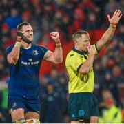 26 December 2023; Jason Jenkins of Leinster celebrates as the referee blows the final whistle of the United Rugby Championship match between Munster and Leinster at Thomond Park in Limerick. Photo by Seb Daly/Sportsfile