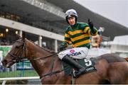 27 December 2023; Jockey Mark Walsh with Dinoblue after winning the Paddy's Rewards Club Chase on day two of the Leopardstown Christmas Festival at Leopardstown Racecourse in Dublin. Photo by David Fitzgerald/Sportsfile Photo by David Fitzgerald/Sportsfile