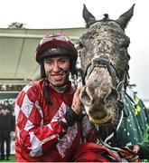 27 December 2023; Jack Kennedy celebrates with Caldwell Potter after winning the Paddy Power Future Champions Novice Hurdle on day two of the Leopardstown Christmas Festival at Leopardstown Racecourse in Dublin. Photo by David Fitzgerald/Sportsfile