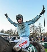 27 December 2023; Jockey Danny Mullins celebrates on Meetingofthewaters after winning the Paddy Power Steeplechase on day two of the Leopardstown Christmas Festival at Leopardstown Racecourse in Dublin. Photo by David Fitzgerald/Sportsfile