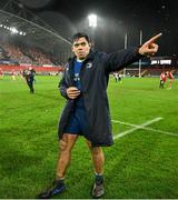 26 December 2023; Michael Ala’alatoa of Leinster acknowledges supporters after the United Rugby Championship match between Munster and Leinster at Thomond Park in Limerick. Photo by Brendan Moran/Sportsfile