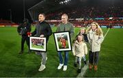 9 December 2023; Recently retired Munster players Andrew Conway, left, and Keith Earls are introduced to the crowd at half-time during the Investec Champions Cup Pool 3 Round 1 match between Munster and Aviron Bayonnais at Thomond Park in Limerick. Photo by Brendan Moran/Sportsfile