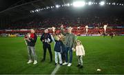 9 December 2023; Recently retired Munster players Andrew Conway, left, and Keith Earls are introduced to the crowd at half-time during the Investec Champions Cup Pool 3 Round 1 match between Munster and Aviron Bayonnais at Thomond Park in Limerick. Photo by Brendan Moran/Sportsfile