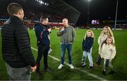 9 December 2023; Recently retired Munster player Keith Earls is interviewed by stadium announcer Ken Perrott at half-time during the Investec Champions Cup Pool 3 Round 1 match between Munster and Aviron Bayonnais at Thomond Park in Limerick. Photo by Brendan Moran/Sportsfile