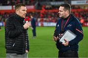 9 December 2023; Recently retired Munster player Andrew Conway is interviewed by stadium announcer Ken Perrott at half-time during the Investec Champions Cup Pool 3 Round 1 match between Munster and Aviron Bayonnais at Thomond Park in Limerick. Photo by Brendan Moran/Sportsfile
