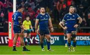 26 December 2023; Leinster players, from left, Michael Ala’alatoa, Rónan Kelleher, and Andrew Porter during the United Rugby Championship match between Munster and Leinster at Thomond Park in Limerick. Photo by Seb Daly/Sportsfile