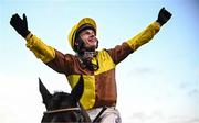 28 December 2023; Jockey Paul Townend celebrates after riding Galopin Des Champs to win the Savills Steeplechase on day three of the Leopardstown Christmas Festival at Leopardstown Racecourse in Dublin. Photo by Harry Murphy/Sportsfile