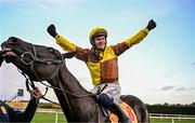 28 December 2023; Jockey Paul Townend celebrates after riding Galopin Des Champs to win the Savills Steeplechase on day three of the Leopardstown Christmas Festival at Leopardstown Racecourse in Dublin. Photo by Harry Murphy/Sportsfile