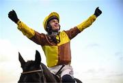 28 December 2023; Jockey Paul Townend celebrates after riding Galopin Des Champs to win the Savills Steeplechase on day three of the Leopardstown Christmas Festival at Leopardstown Racecourse in Dublin. Photo by Harry Murphy/Sportsfile