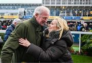 28 December 2023; Trainer Willie Mullins celebrates with owner Audrey Turley after sending out Galopin Des Champs to win on day three of the Leopardstown Christmas Festival at Leopardstown Racecourse in Dublin. Photo by Harry Murphy/Sportsfile