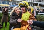 28 December 2023; Jockey Paul Townend celebrates with owner Audrey Turley after sending out Galopin Des Champs to win on day three of the Leopardstown Christmas Festival at Leopardstown Racecourse in Dublin. Photo by Harry Murphy/Sportsfile