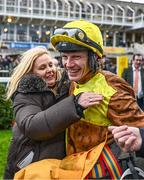 28 December 2023; Jockey Paul Townend celebrates with owner Audrey Turley after sending out Galopin Des Champs to win on day three of the Leopardstown Christmas Festival at Leopardstown Racecourse in Dublin. Photo by Harry Murphy/Sportsfile